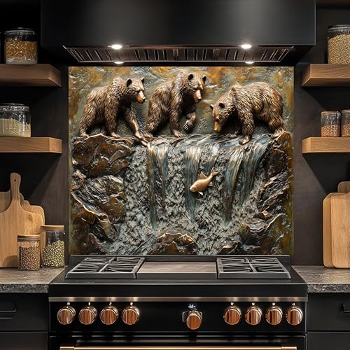 Tempered Glass Backsplash for Kitchen, Grizzly Bears & Waterfall Design Glass Backsplash, Copper Look Backsplash for Kitchen Wall, Rustic Kitchen Backsplash, Easy to Install Stove Backsplash