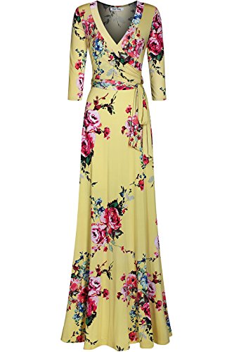 Bon Rosy Women's Stretchy and Silky 3/4 Sleeve Deep V-Neck Floral Printed Maxi Faux Wrap Dress Yellow L