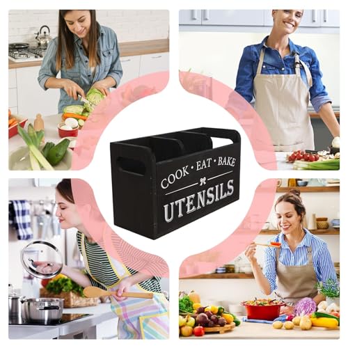 Porte-ustensiles en bois de cuisine à 3 compartiments pour comptoir - 5