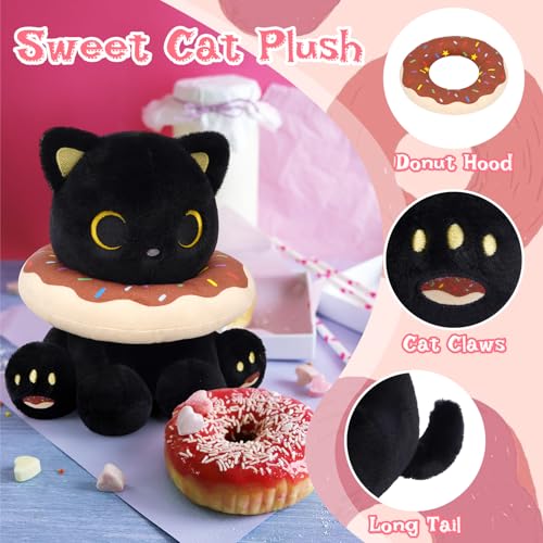 Image of Black Cat Plush, 8inch Donut Black Cat Stuffed Animal Cute Plushies Toys for Girls Boys, Kawaii Kitten Plushie for Kids Adult, Birthday