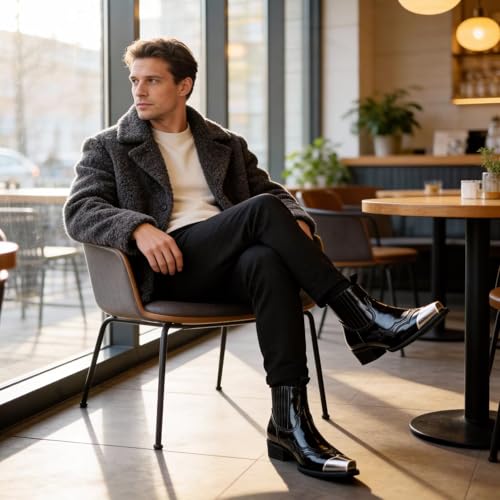 Image of Men's Vintage Patent Leather Chelsea boots, Steel Toe Chelsea Ankle Boots with Embroidered Detail