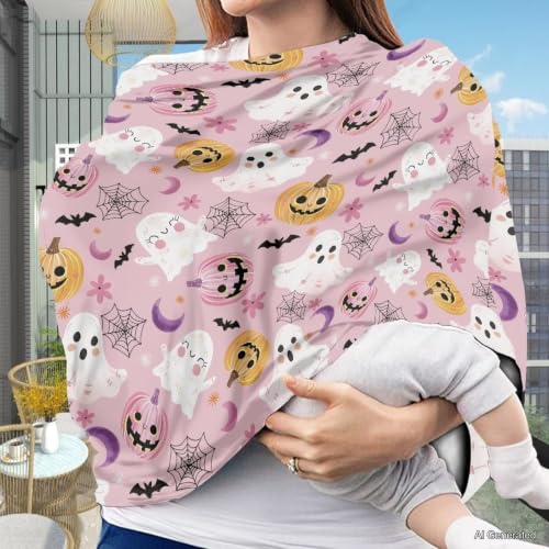 Image of Wanyint Baby Car Seat Covers Nursing Cover Carseat Canopy Baby Breastfeeding Cover Multi-Use Nursing Scarf Infant Stroller Cover Halloween Decor, Cute Ghost Pumpkin Flower Pink