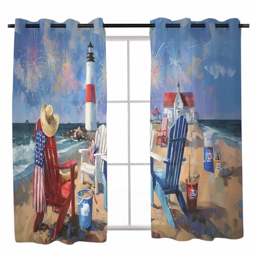 Independence Day Sheer Curtains 2 Panels Set 52x54 Inch American Flag Coastal Landscape Fantasy Firework Long Elegant Leopard Prints Semi Sheer Curtains Grommet Chiffon Drapes for Bedroom Kitchen