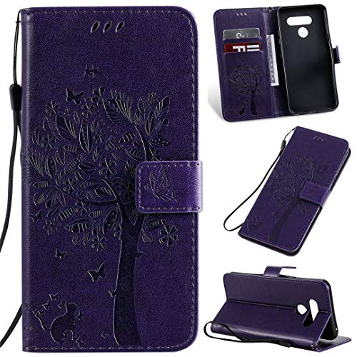 LG K50 / Q60 Funda, SATURCASE Árbol Gato Cuero De La PU Magnético Billetera [Ranuras para Tarjetas] [Correa de Mano] Apoyo Protector Funda Carcasa Case para LG K50 / Q60 (Púrpura)