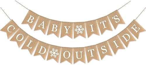 Baby It's Cold Outside - Cartel de arpillera de yute con copos de nieve para invierno, guirnalda de baby shower, mantel de chimenea, decoración de