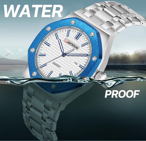 Image of Portive Quartz Watch for Men, Silver Stainless Steel Bracelet, Black Dial, Date Display, Octagonal Case