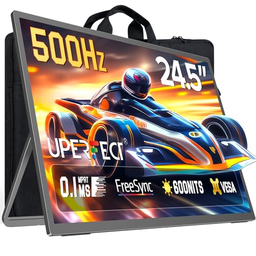UPERFECT 24.5'' Portable Gaming Monitor 500Hz 0.1ms Ultra-Fast IPS Monitor, FreeSync, HDR 600 Nits, Built-in Stand, Speaker and VESA Mountable DP1.4 USB C HDMI Second Screen for Laptop, Game Console