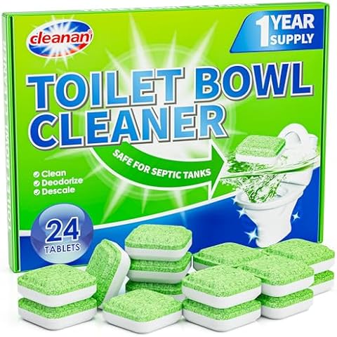 Toilet Bowl Cleaner Tablets, Leaves Bowl Sanitary, Freshens, Deodorizes, Descales & Repels Tough Stains, Helps Prevent Limescale Buildup, Safe for Septic Tanks, 24 Pack 1 Year Supply Cover