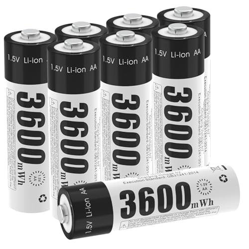 Rechargeable 1.5 V AA Battery, Rechargeable Lithium-ion AA Battery with 3600 mWh and 1200 Long Cycle, Pack of 8 AA Lithium-ion Batteries?for remote controls, motorized toys, wireless mice and keyboard