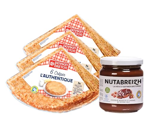 Bretonischer Schokoladengenuss: 3 Beutel mit Crêpes + 1 Topf 200g Nutabreizh Schokolade/Karamell - traditionelle Herstellung in der Bretagne - ohne Palmöl