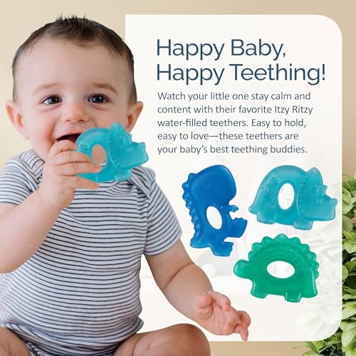 Image of Itzy Ritzy Water-Filled Teethers - Cold Cutie Coolers Textured On Both Sides to Massage Sore Gums & Emerging Teeth - Can Be Chilled in Refrigerator, Set of 3 Coordinating Dinosaur Water Teethers