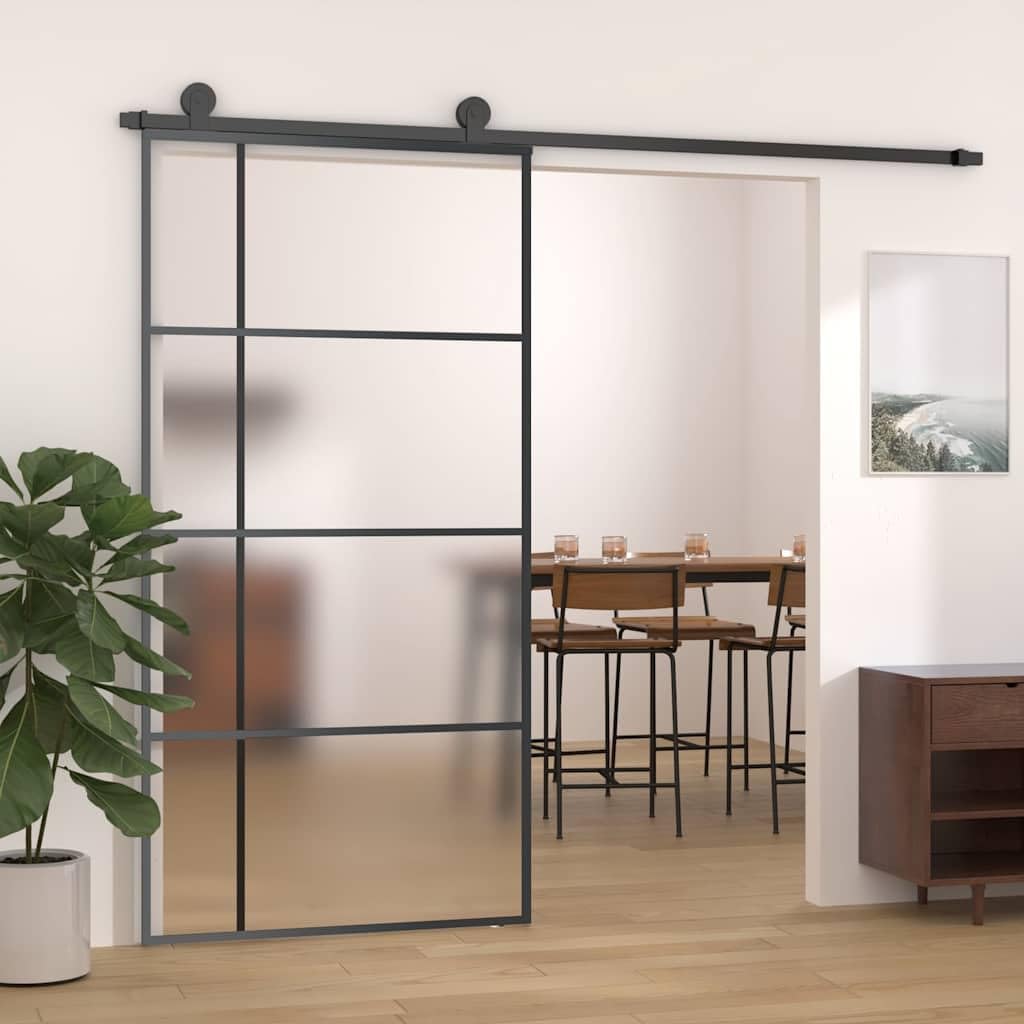 Sliding Door Frosted ESG Glass and Aluminum Frame 40.4"x80.7" Black for Home Interior, Bedroom, Bathroom, Kitchen, Pantry, Modern Durable Room Door