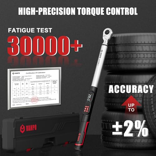 Image of VANPO Digital Torque Wrench 1 /2-Inch Drive, 14.7-295.0 ft-lb /20-400 Nm | ±2% Accuracy, Electronic Torque Wrench with LCD Display, Audible & Vibration Alert, for Automotive & Light Industrial Work