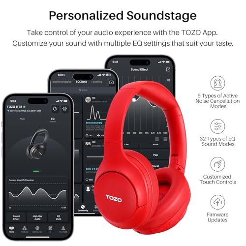 Image of TOZO HT2 Hybrid Active Noise Cancelling Headphones, Wireless Over Ear Bluetooth Headset, 60H Playtime, Hi-Res Audio Custom EQ via App Deep Bass Comfort Fit Ear Cups, for Home Office Travel Red