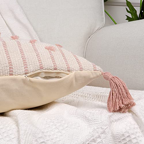 Sungea Farmhouse Pink Lumbar Throw Pillow Cover, Decorative Throw Pillow Case Tribal Geometric Tufted Tassels Woven Cushion Cover Accent Neutral Collection For Couch Living Room (12 X 20 Inch, Pink)… #TOP3