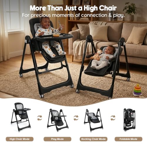 Image of Foldable High Chairs for Babies and Toddlers Convert to Baby Rocker | Convertible with Reclining Seat & Leg Rest, 3-in-1 with Tool-Free Assembly