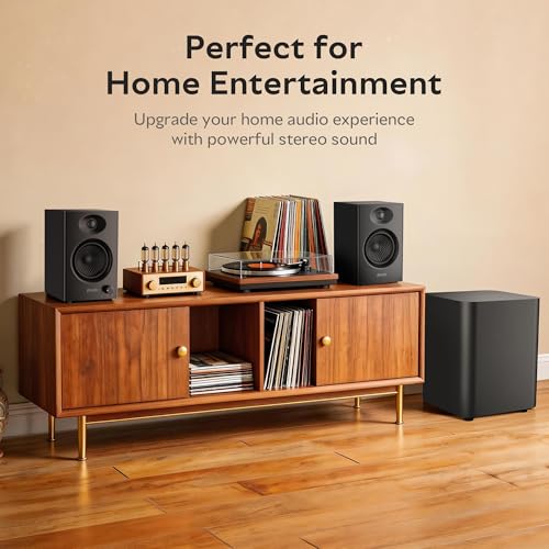 Image of OHAYO 60W Down-Firing Powered Subwoofer, Active Subwoofer with Built-in Class D Digital Amplifier, Deep Bass, Vibration Dampening Feet, Compact Wooden Enclosure for Home & Gaming & Studio Audio, Gray