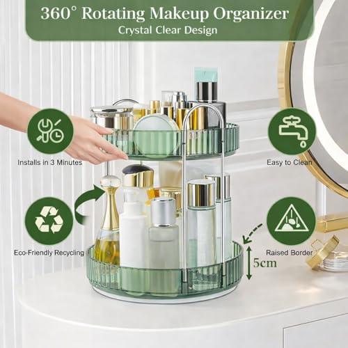 Image of JD FRESH 2 Tier Makeup Organizer 360 Rotating Cosmetic Storage Box Vanity Organizer Stand with Drawers for Lipstick Nail Polish Skincare Dressing Table Bathroom Organizer (Light Green)