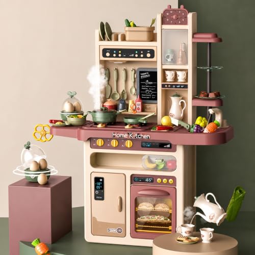 Image of Kids Kitchen Set with Pretend Play Accessories, Water Spray Cooking Effect, Toy Oven, Sink, Storage Shelves & Kitchen Utensils, Role Play Cooking Toy for Boys & Girls