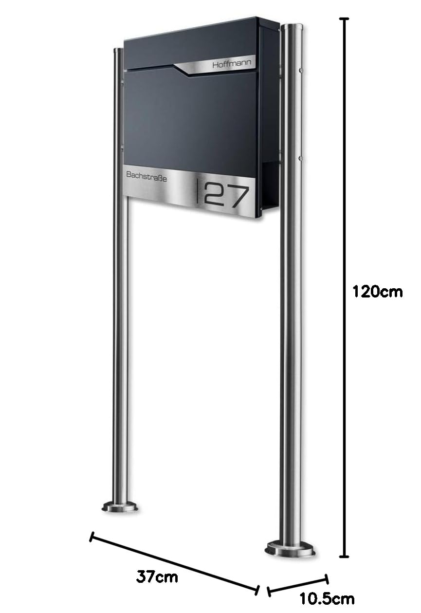 Metzler Boîte aux Lettres sur Pied Anthracite avec Compartiment journaux – Plaque Nominative INOX personnalisée – Design Moderne, Acier thermolaqué étanche et résistant | Siebert