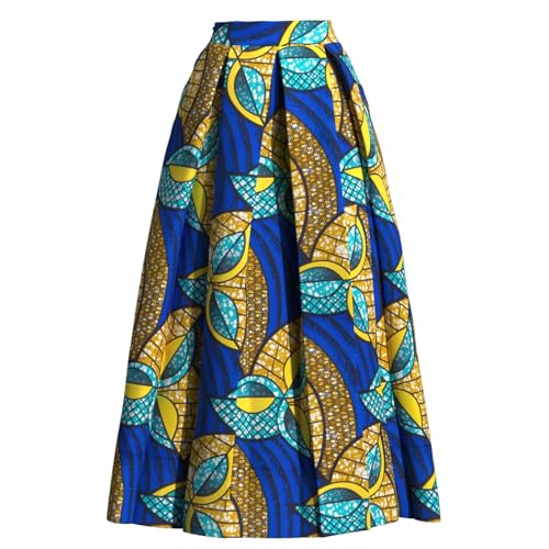 XUHOGU Jupe Midi Plissée Haute Taille Femme – Imprimé Africain Ankara, Coupe A Évasée pour...
