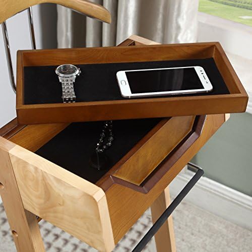 Men's Wooden Suit Stand Hanger - Free Standing Clothes Rack with Removable Tray & Metal Shoe Shelf - Stylish Valet for Suits and Accessories Perfect for Home or Office