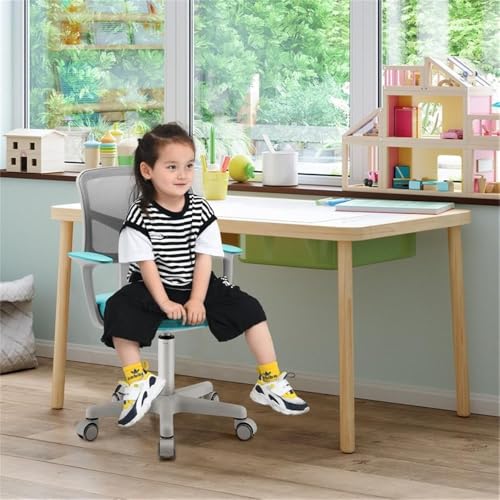 Image of Pemberly Row Kids Study Chair, Adjustable Height 31.5 inch-36 inch, Green, Ergonomic Design with Lumbar Support, Mesh Back, Auto Brake Casters, 360-Degree Swivel, Comfortable Seat for Children's Workspace