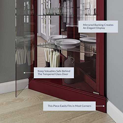 Image of BELLEZE Lighted Corner Display Curio Cabinet Wooden Shelving Unit with Tempered Glass Door, Bar and Liquor Storage Area with 6 Shelves - Woody (Cherry)