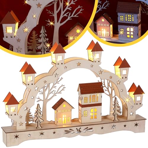 Monzana® Schwibbogen Weihnachten LED Batteriebetrieben Timer Kabellos Holz Beleuchtung Deko Lichterbogen Weihnachtsdeko Schwippbogen Lichterkranz Braun