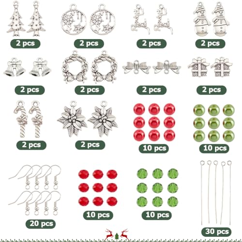 SUNNYCLUE 1 Box 10 Sets Christmas Themed Earring Making Kit Fashion Drop Dangle Earrings Christmas Charm Tree Snowman Snowflake Charms for Jewellery Making Kits Adult Beginner Starter DIY Supplies - Image 2