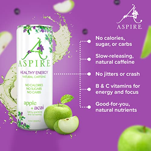 Aspire Healthy Energy, Apple Acai, 24 Pack, Sugar Free Energy Drink,12 Oz Cans, 80 Mg Of Natural Caffeine, Zero Sugar, Sparkling Caffenated Drink, Natural Energy With Vitamins B & C, Keto Drink, Vegan And Kosher Friendly #TOP5