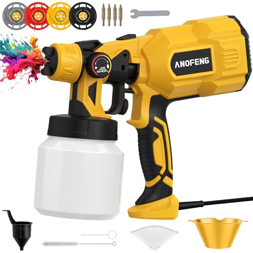 ANOFENG 700W Power Airless Paint Sprayer HVLP Spray Gun with Blowing Joints, 4 Nozzles & 3 Patterns, 1200ml Paint Container, Suitable for House Painting, Cabinets, Decks, Stain, Door
