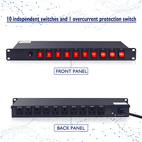 10 Outlet Horizontal 1U Rack Mount Pdu Power Strip - Surge Protection,10 Individual Led Switches，Ac 100V-240V-15A.for Network Server Racks, 6 Feet Heavy Power Cord #TOP1
