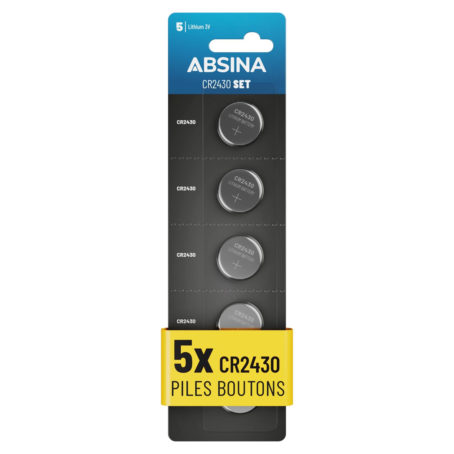 ABSINA Lot De 5 Piles Bouton CR2430 3V Lithium – Longue Durée, Étanches, Résistance -20°C à +60°C, Conservation 5 Ans, Idéales Pour Voiture/Alarme/Balance