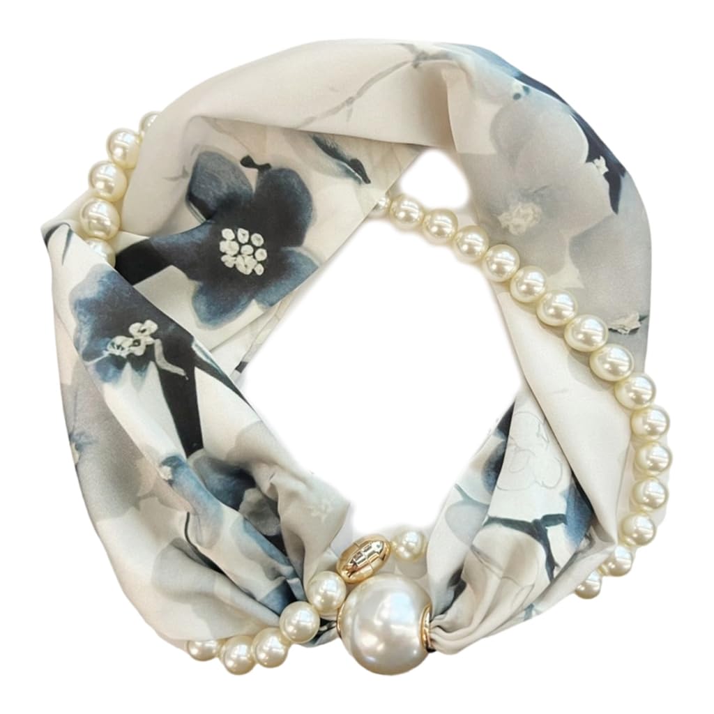 QUEENYARD Women Scarf, Magnetic Clasp Pearls Chain Necklace Floral Satins Scarf Elegant Silk Skinny Narrow Neckerchief for Fashionable Women