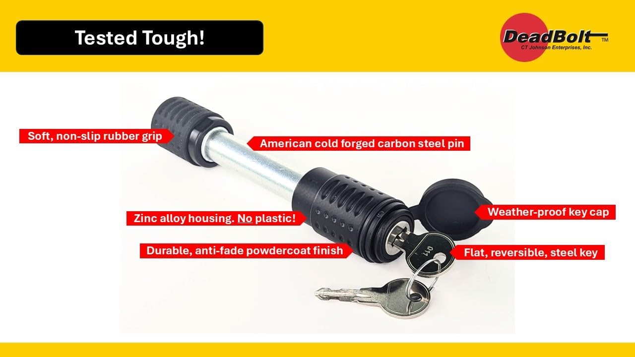 DeadBolt 2" Trailer Hitch Lock – Class III/IV - Cold Forged Carbon Steel Hitch Pin - 1/4 Turn Locking System - All-Weather Soft Pin Grip - Anti Corrosion, Fits All 2" Receiver Hitches - Made in USA