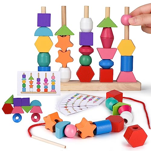 Montessori Bead Sequencing Toy Set Wooden Stacking Blocks & Lacing Beads & Matching Shape Colors Stacker Montessori Toys for 2 3 4 5 Year Old Toddlers Preschool Learning Fine Motor Skills Toys