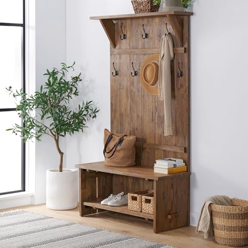 Alaterre Furniture Bethel 70-Inch Acacia Wood Hall Tree with Bench, Storage Shelves & Metal Coat Hooks – Entryway Organizer for Mudroom, Hallway, or Kitchen (Natural Aged Brown Finish)