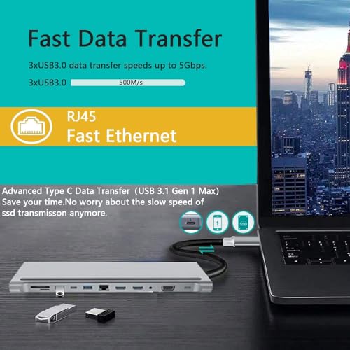 Image of USB C to 12 in 1 HUB Dock MST, Aluminium Type C Station 2* HDMI Port, 1* VGA, RJ45, 3 USB 3.0 Ports, 1 3.5mm Audio, USB-C Power Delivery, TF /SD Slot for Laptops /MAk (12 in 1 Dual HDMI Adapter)