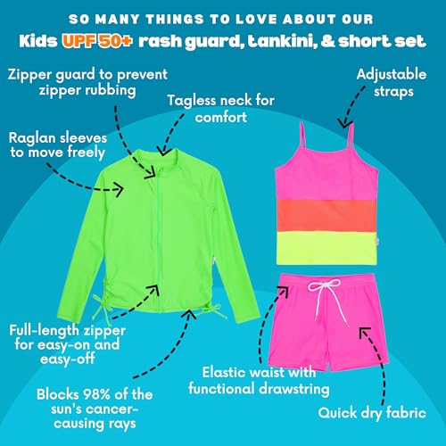 Image of SwimZip Girls' 3 Pc Swim Set w /Long Sleeve Rash Guard, Tankini & Shorts UPF 50+