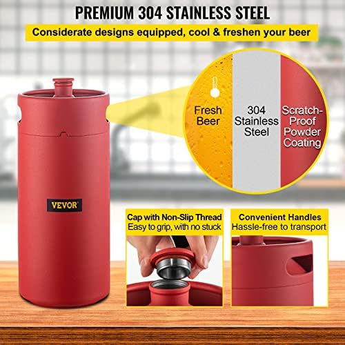 VEVOR Beer Growler Tap System, 135Oz Mini Keg, 4L Pressurized Beer Growler, 304 Stainless Steel Mini Keg Growler, Comes with Dual Pressure Display CO2 Regulator Faucet 20" Beer Hose Relief Ring, Red