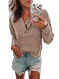 Dellytop Womens Ribbed Long Sleeve Tops Casual Henley Shirts Pocket Button Up Loose Sweaters Khaki