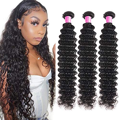 FDX Deep Wave Human Hair Bundles 28 28 28 Inch 100% Unprocessed 9A Brazilian Virgin Deep Curly Hair Bundles Weave Extensions Natural Color 28 28 28 Inch