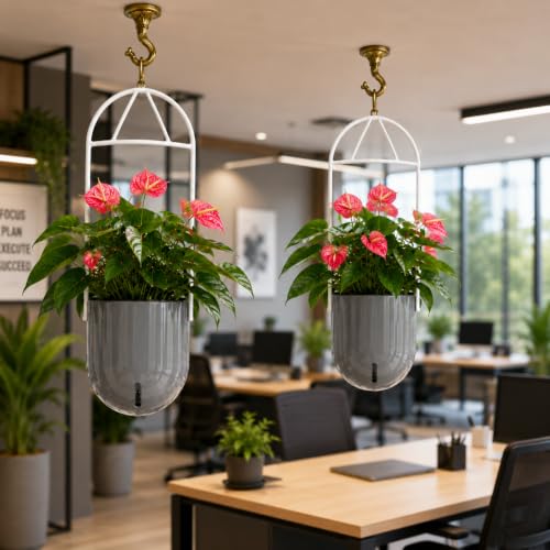 Image of Indian Discovery Self Watering Ceiling Hanging Planter|Hanging /Hooked Flower Pots for Home, Balcony, Vertical Garden Decor Flower Pots(2 PC,Grey,Sphere)|6 Inch UV-Resistant Plastic Plant Pots
