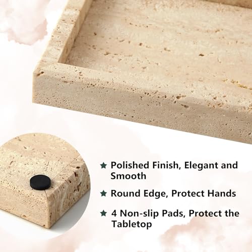Image of Real Natural Travertine Tray for Bathroom, Vanity, Kitchen and Desktop, Rectangle Genuine Marble Stone Tray for Jewelry, Cosmetics, Candles, Lotion, Perfume and Home Decor, 12 inchx5 inch Size