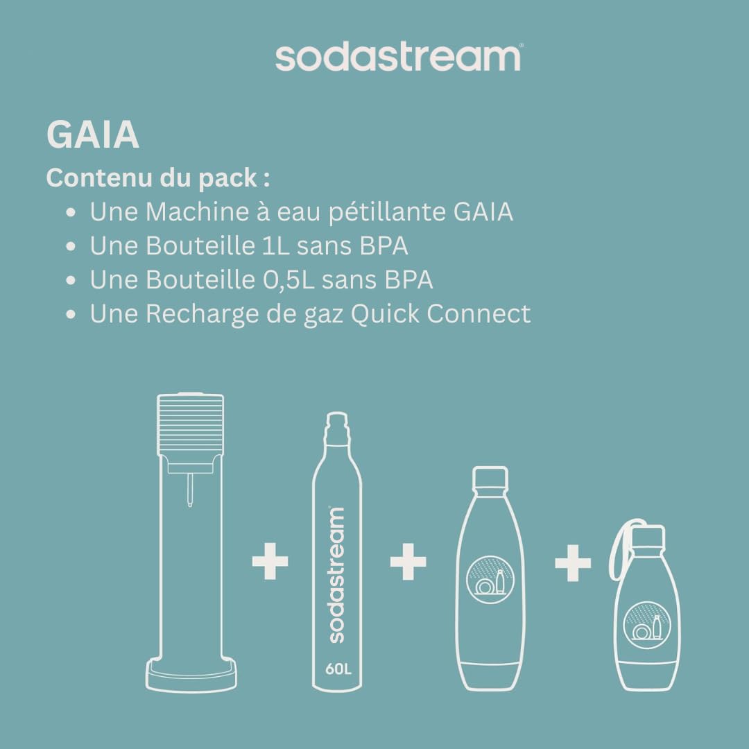 Sodastream GAIA Machine à Eau Pétillante et Soda | Pack 1 Bouteille 1L + 1 Bouteille 0,5L Compatibles Lave-Vaisselle + 1 Recharge de Gaz 60L à Clipser | Noire