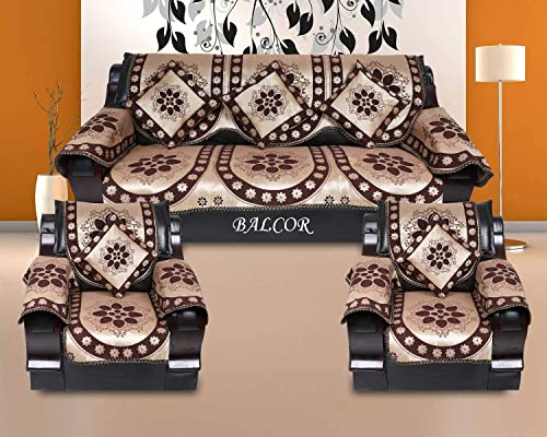 Image of Cotton 12 PCs DECAN Design Sofa Cover with Handle Cover Set of 5 Seater(3+1+1+6), Cushion Cover 16 * 16 Set of 5 PC, Total 17 PCs Set-Brown