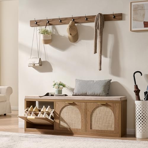 WINWY Rattan Narrow Entryway Bench with Shoe Storage, 3 Flip Drawers & Coat Rack, Mid-Century Modern Wood Shoe Cabinet with Seat Cushion for Foyer/Hallway (Rustic Oak Rattan)
