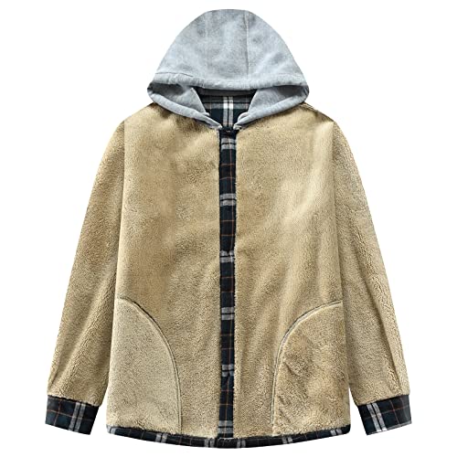 Image of Men's Cotton Plaid Shirt Jacket Fleece Flannel Sherpa Button Down