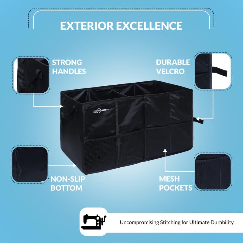 Image of Neodrift Trunk Master - Multi-Compartment Car Organizer for Garage, Sedan, SUV, Minivan - Durable, Portable, Anti-Skid Polyester, Ideal for Cargo, Gifts, Toys, Automobiles, Black